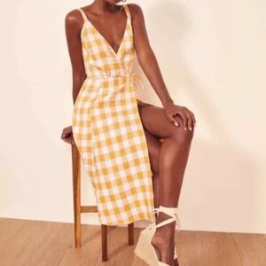 Reformation Beverly Linen Wrap Dress Yellow White Check, Size L, Deep V Neck